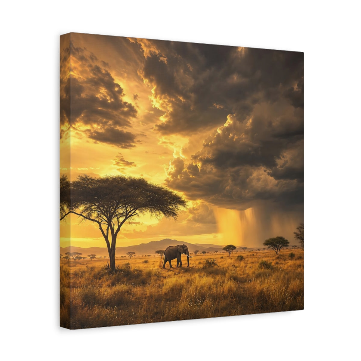 Side Mockup 7. Animals Elephant Golden Savannah shown as stretched canvas wall art