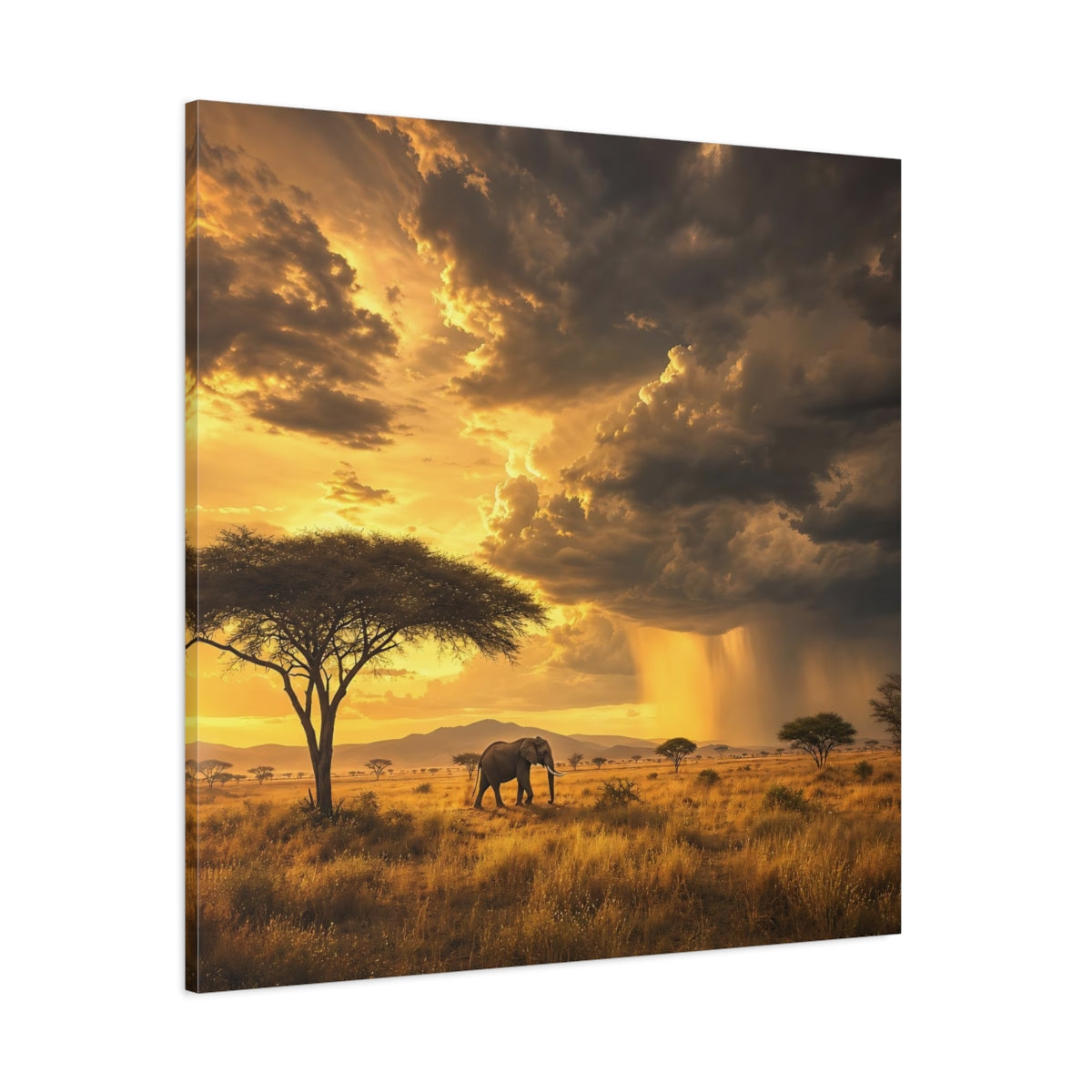Side Mockup 1. Animals Elephant Golden Savannah shown as stretched canvas wall art