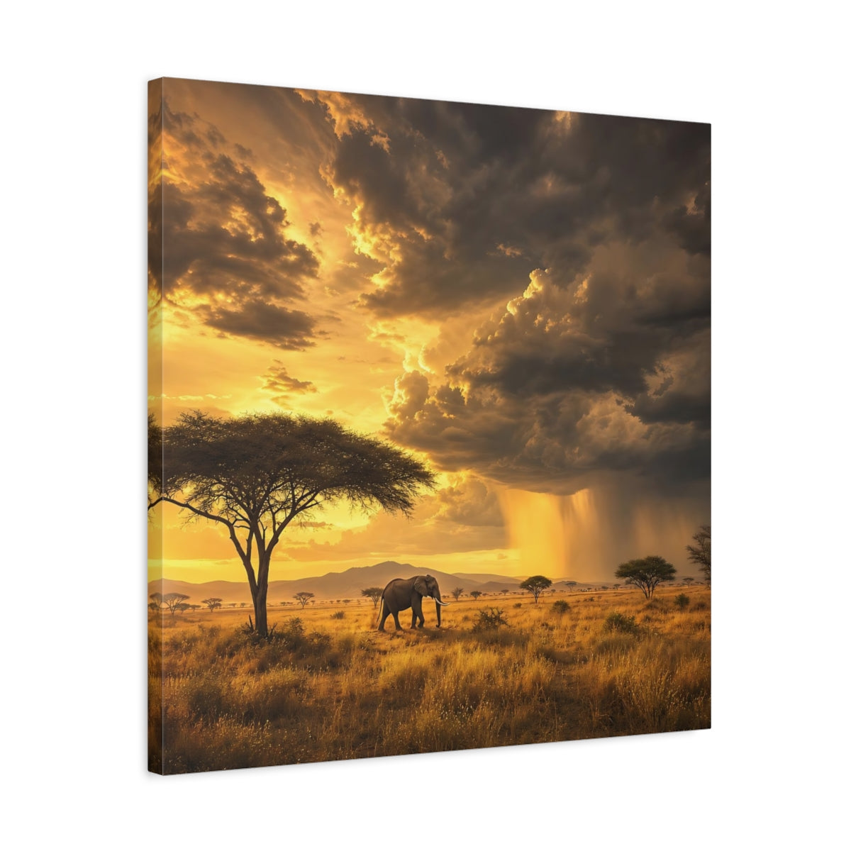 Side Mockup 4. Animals Elephant Golden Savannah shown as stretched canvas wall art