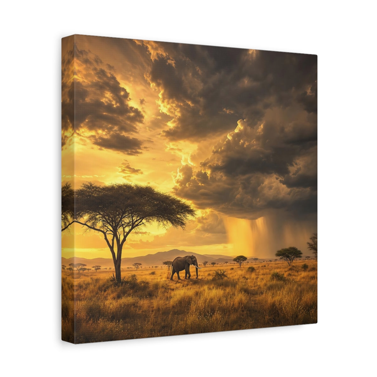 Side Mockup 8. Animals Elephant Golden Savannah shown as stretched canvas wall art
