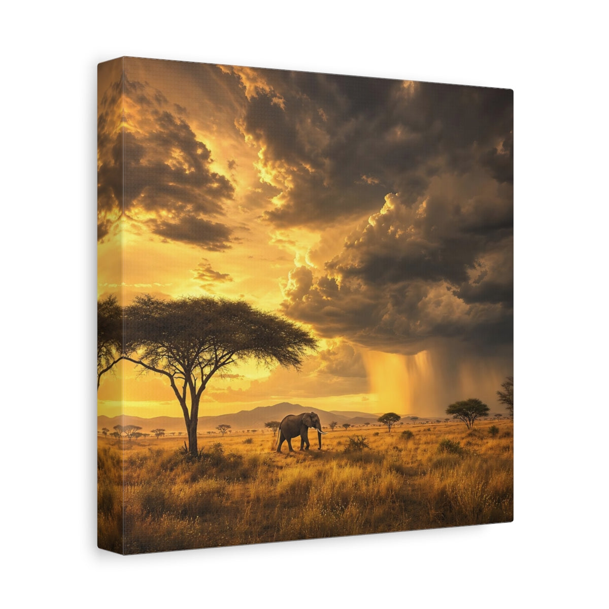 Side Mockup 9. Animals Elephant Golden Savannah shown as stretched canvas wall art