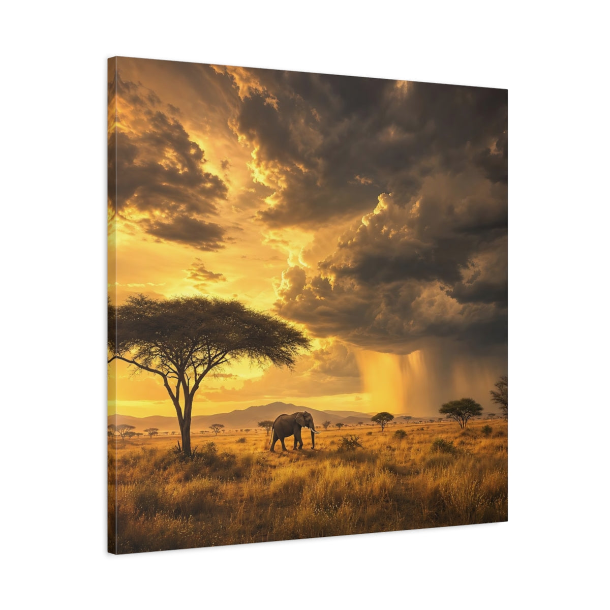 Side Mockup 3. Animals Elephant Golden Savannah shown as stretched canvas wall art