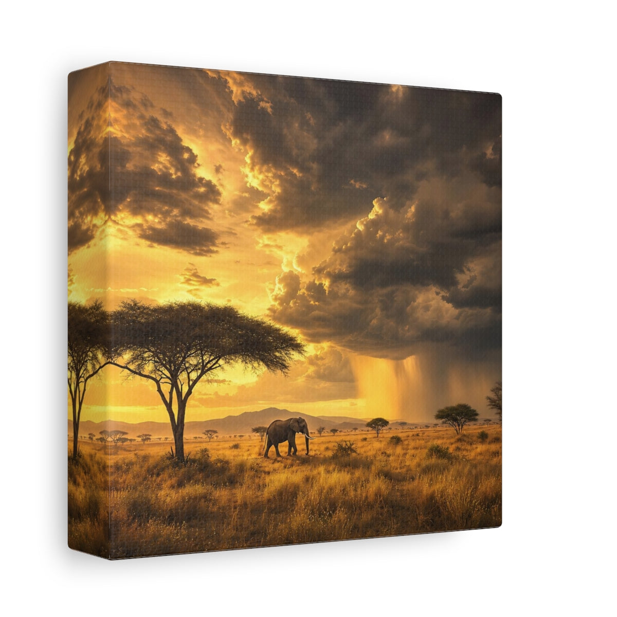 Side Mockup 2. Animals Elephant Golden Savannah shown as stretched canvas wall art