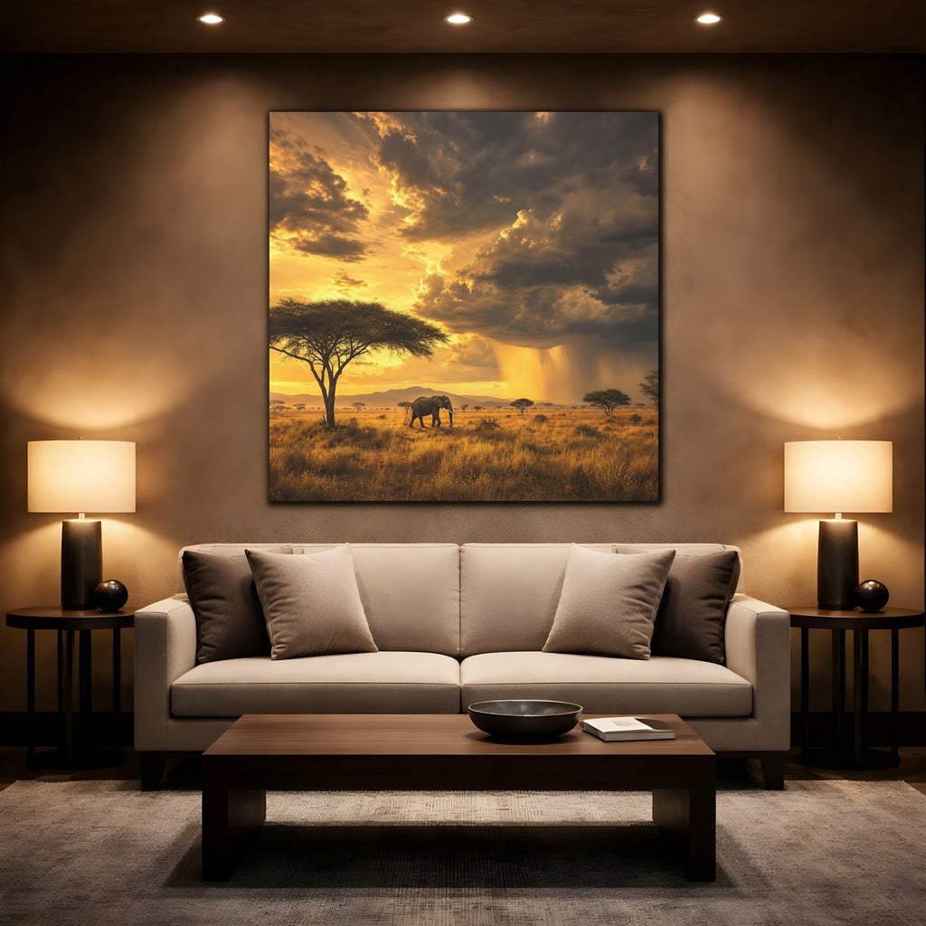 Mockup 2. Animals Elephant Golden Savannah shown as stretched canvas wall art
