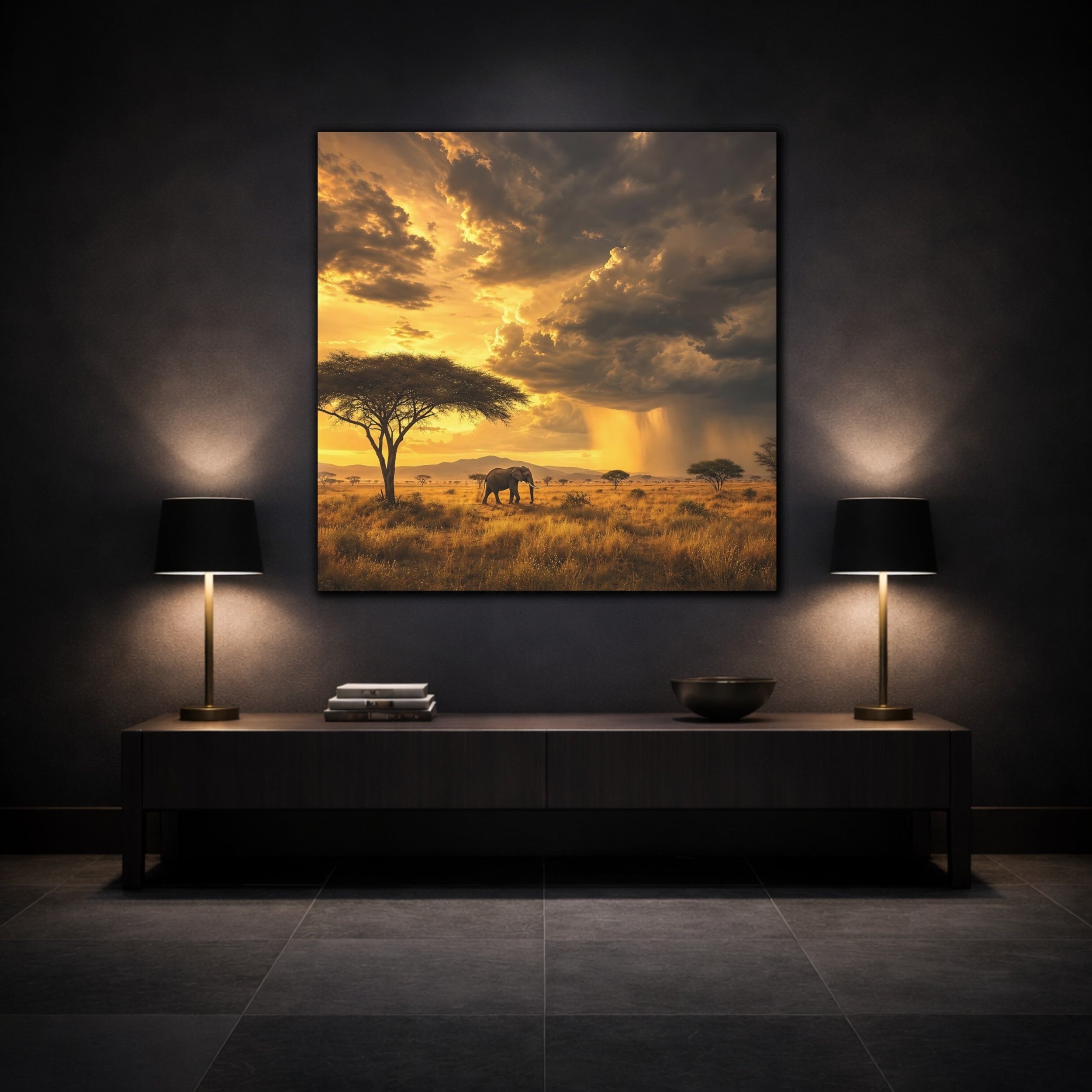Mockup 3. Animals Elephant Golden Savannah shown as stretched canvas wall art