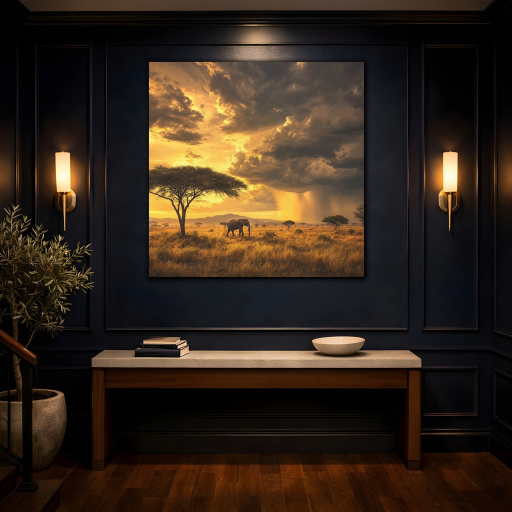Mockup 4. Animals Elephant Golden Savannah shown as stretched canvas wall art