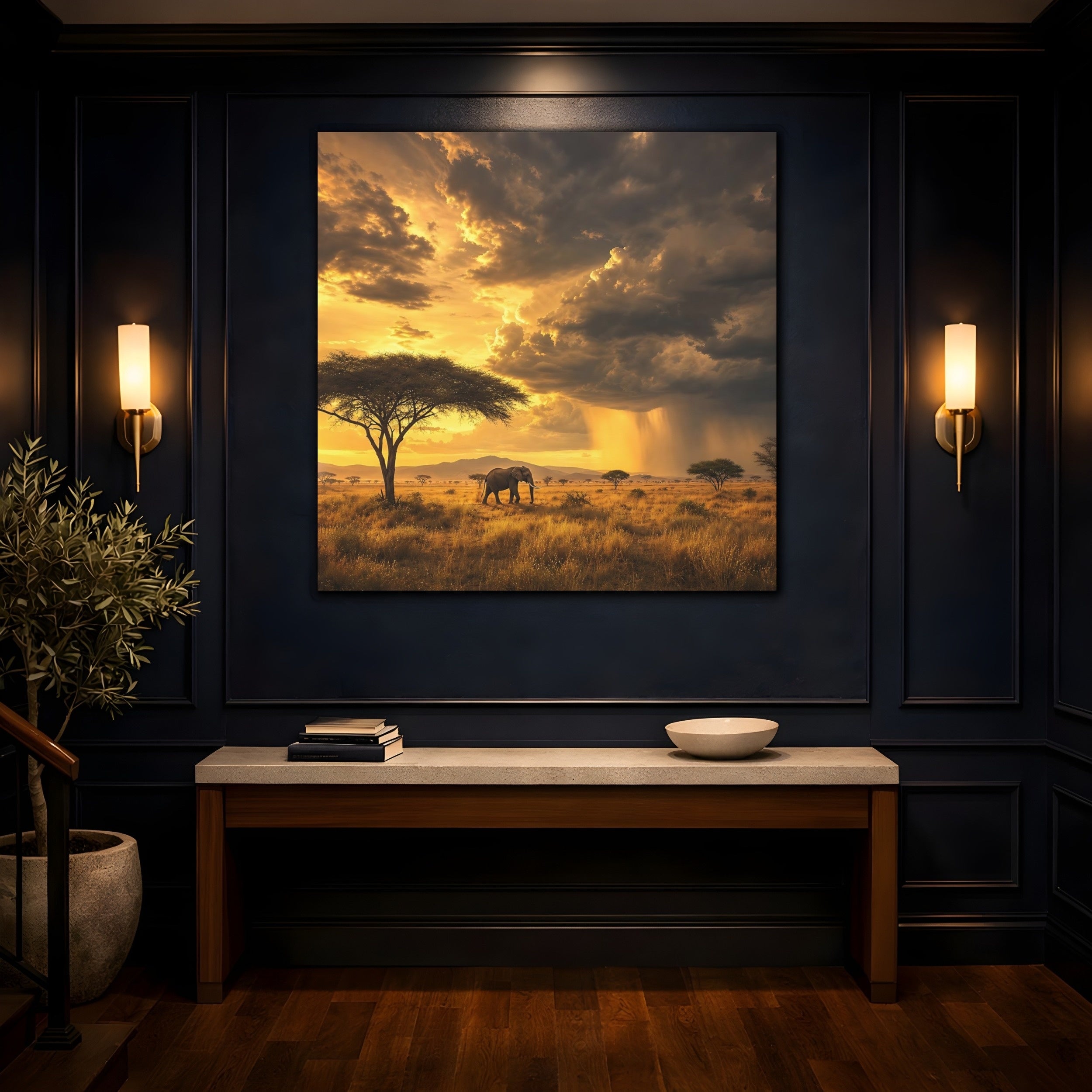 Mockup 4. Animals Elephant Golden Savannah shown as stretched canvas wall art