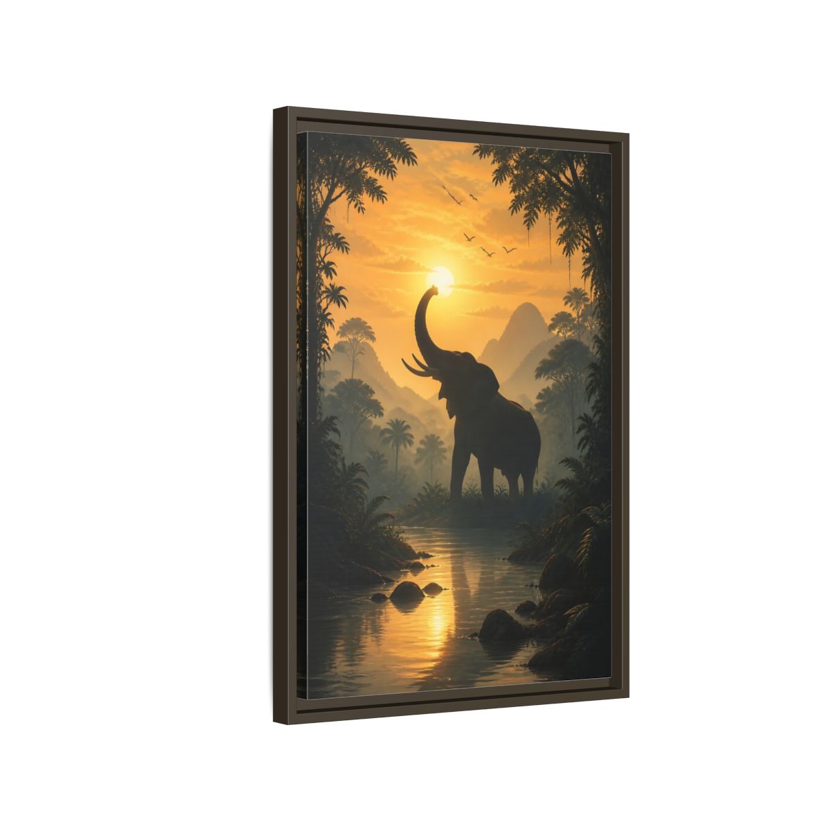Side Mockup 2. Animals Elephant Orange Jungle Elephant shown as stretched canvas wall art
