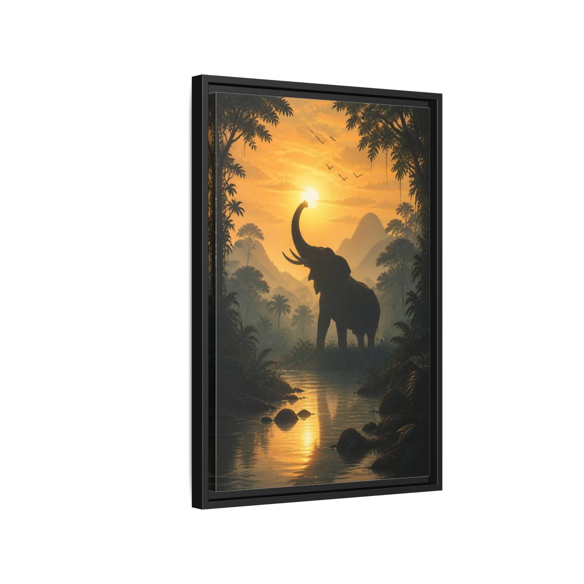 Side Mockup 3. Animals Elephant Orange Jungle Elephant shown as stretched canvas wall art