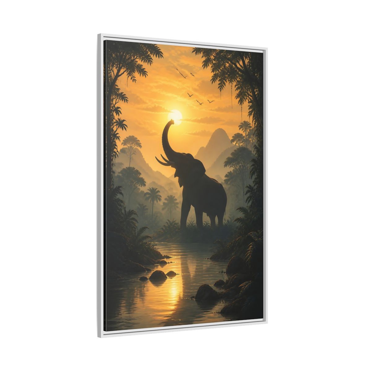 Side Mockup 7. Animals Elephant Orange Jungle Elephant shown as stretched canvas wall art
