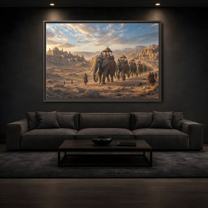 Mockup 3. Animals Elephant Procession Elephant Procession shown as stretched canvas wall art