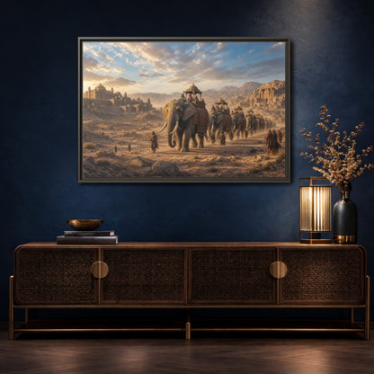 Mockup 4. Animals Elephant Procession Elephant Procession shown as stretched canvas wall art