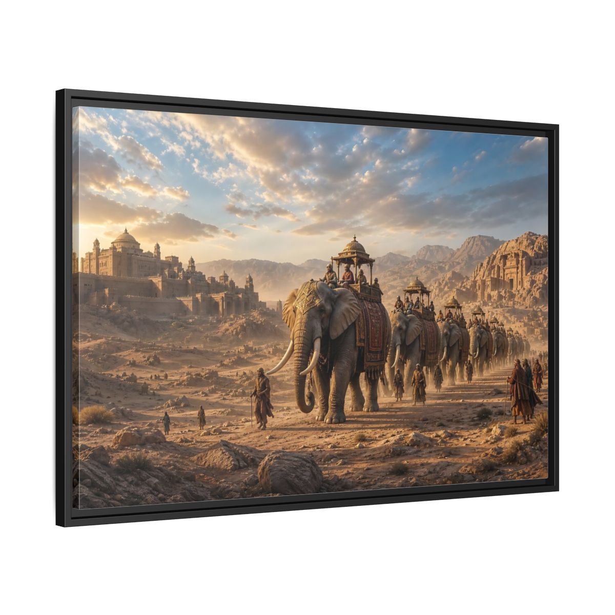 Side Mockup 13. Animals Elephant Procession Elephant Procession shown as stretched canvas wall art