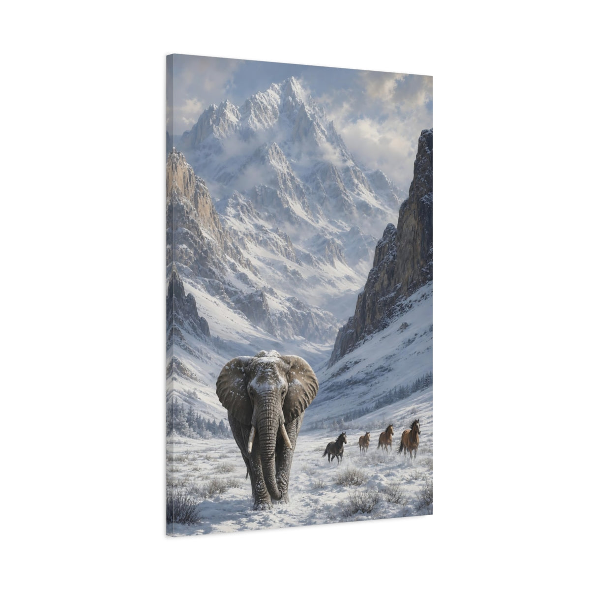 Main Mockup. Animals Elephant White And Gray Winter shown as stretched canvas wall art
