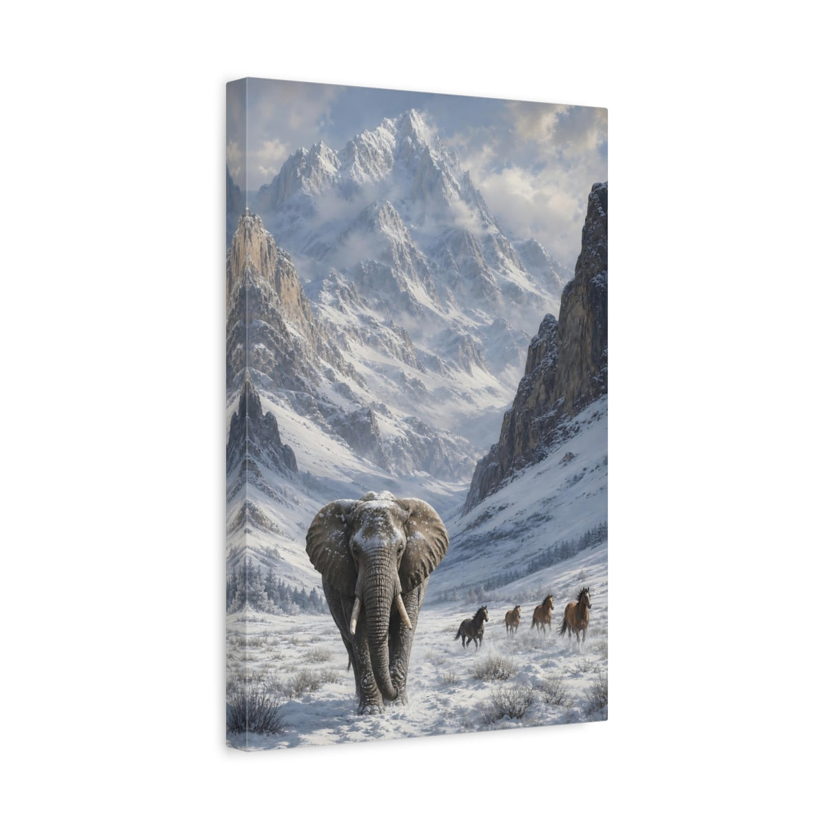 Side Mockup 4. Animals Elephant White And Gray Winter shown as stretched canvas wall art