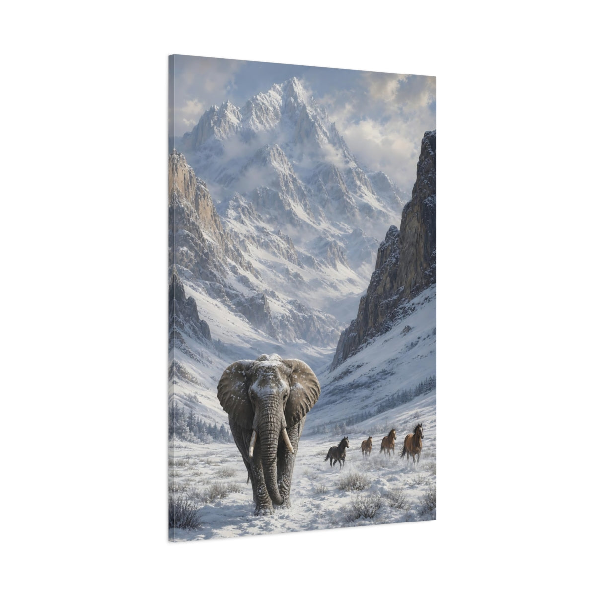 Side Mockup 1. Animals Elephant White And Gray Winter shown as stretched canvas wall art