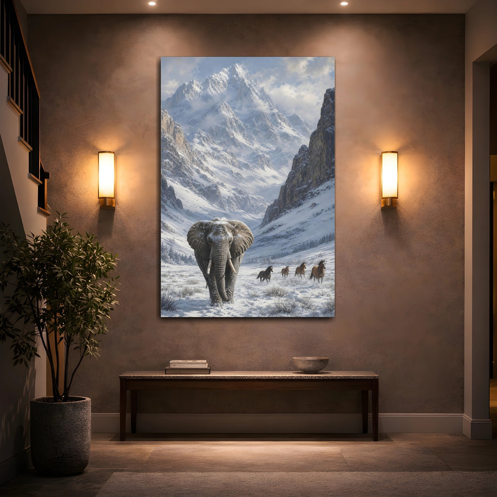 Mockup 2. Animals Elephant White And Gray Winter shown as stretched canvas wall art
