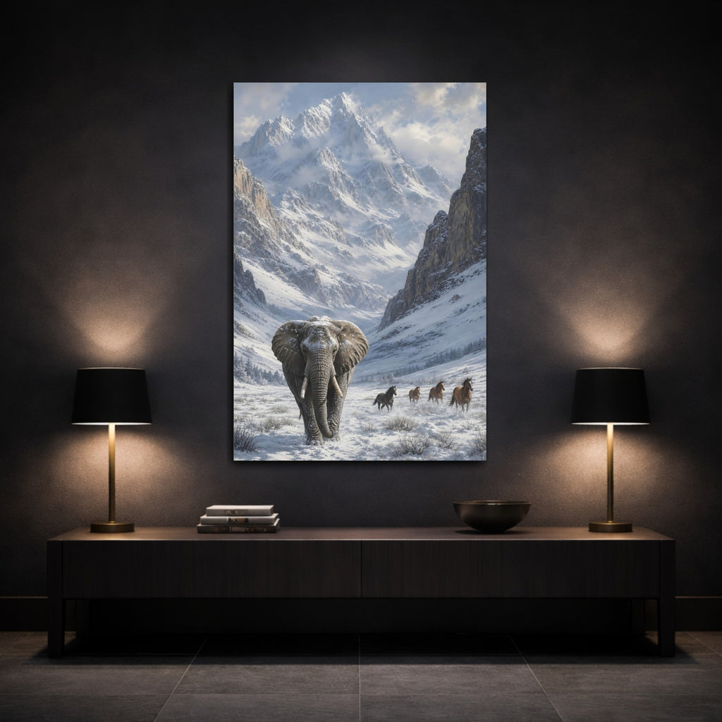 Mockup 3. Animals Elephant White And Gray Winter shown as stretched canvas wall art