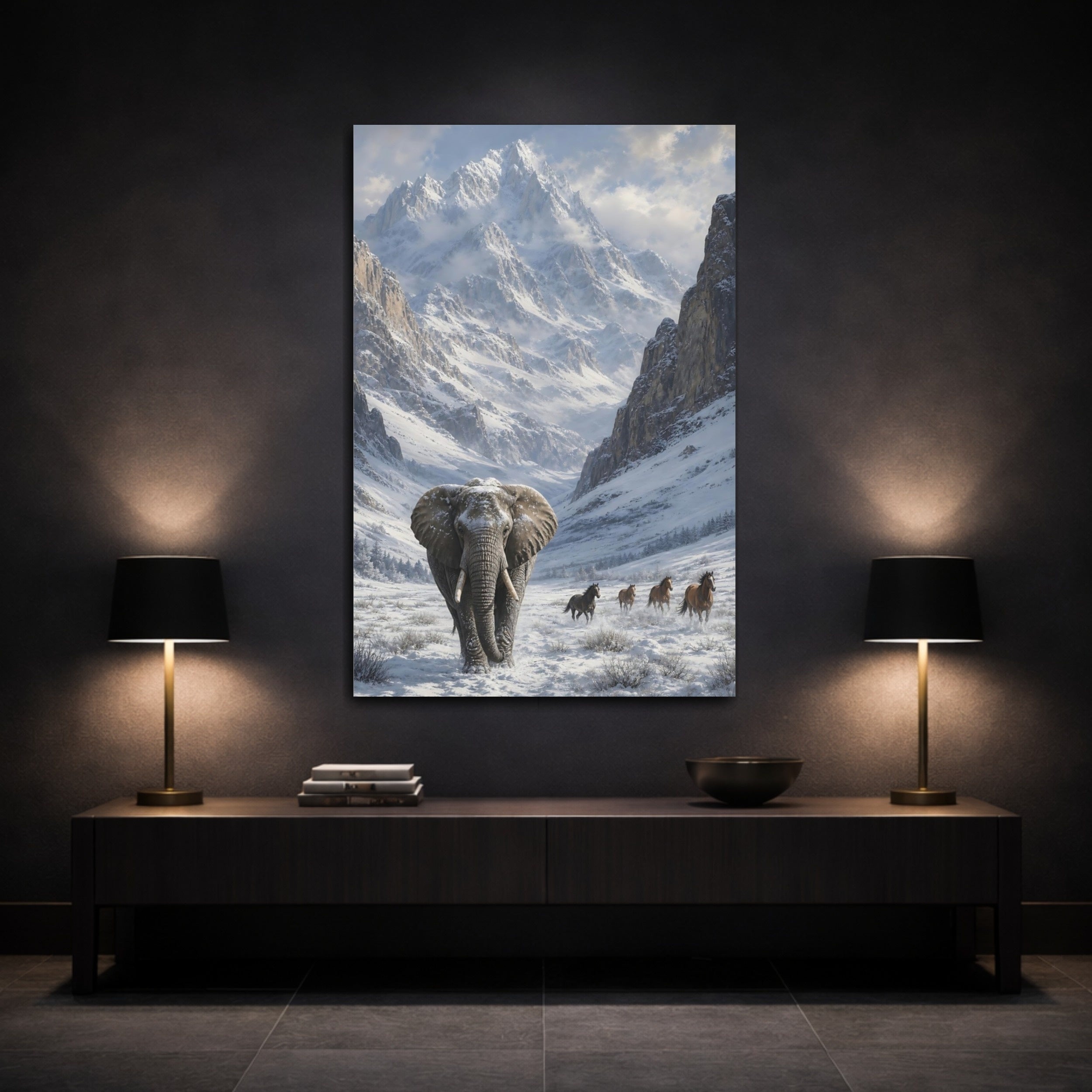 Mockup 3. Animals Elephant White And Gray Winter shown as stretched canvas wall art