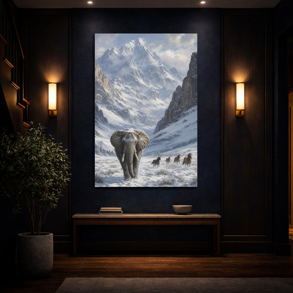 Mockup 4. Animals Elephant White And Gray Winter shown as stretched canvas wall art