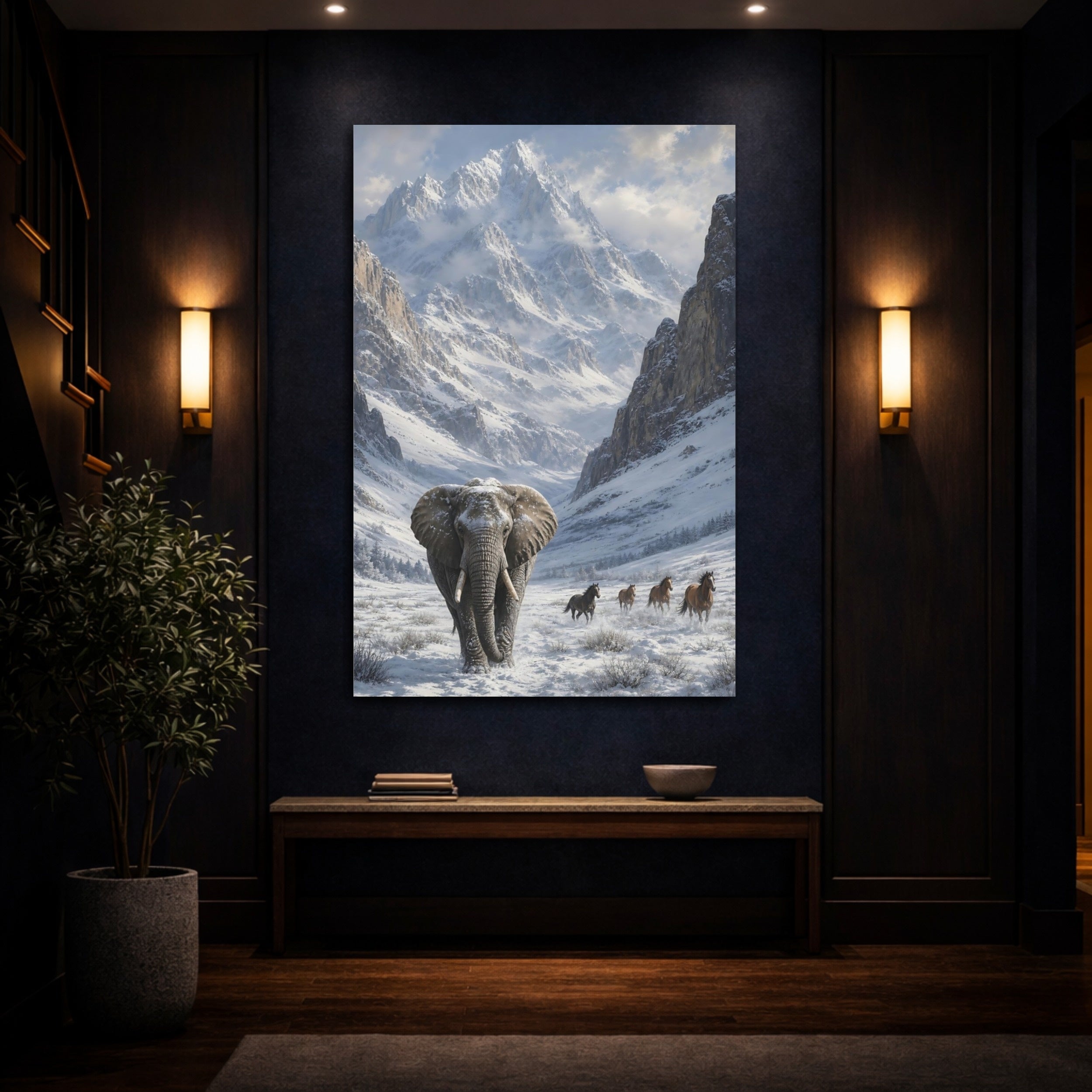 Mockup 4. Animals Elephant White And Gray Winter shown as stretched canvas wall art