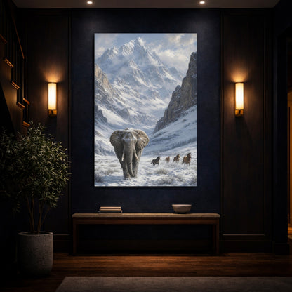 Mockup 4. Animals Elephant White And Gray Winter shown as stretched canvas wall art