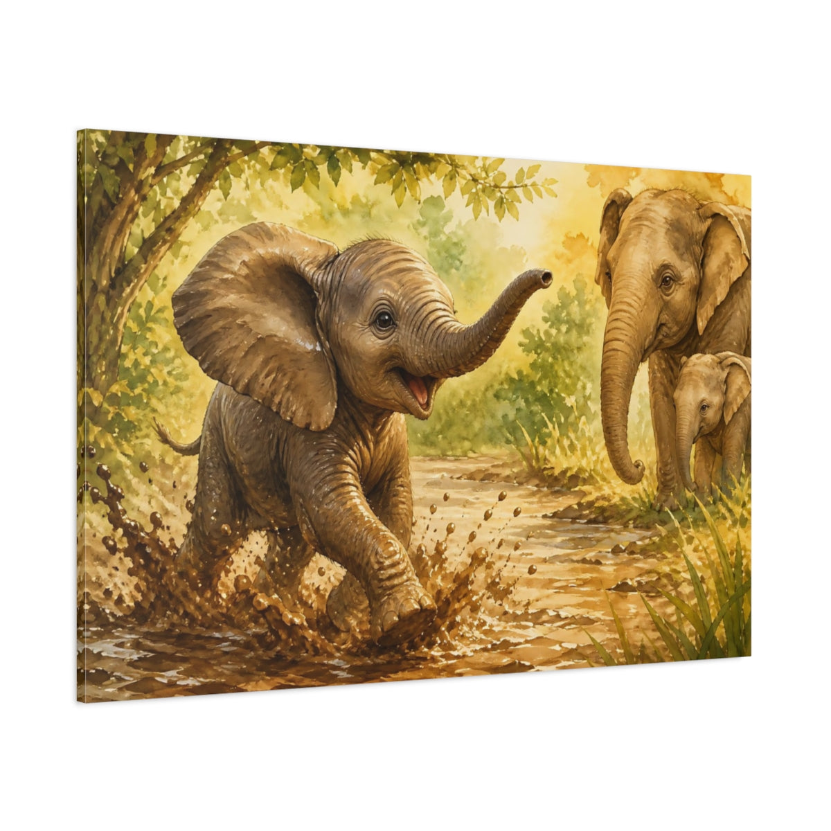 Side Mockup 1. Animals Elephants Brown And Green Elephants shown as stretched canvas wall art