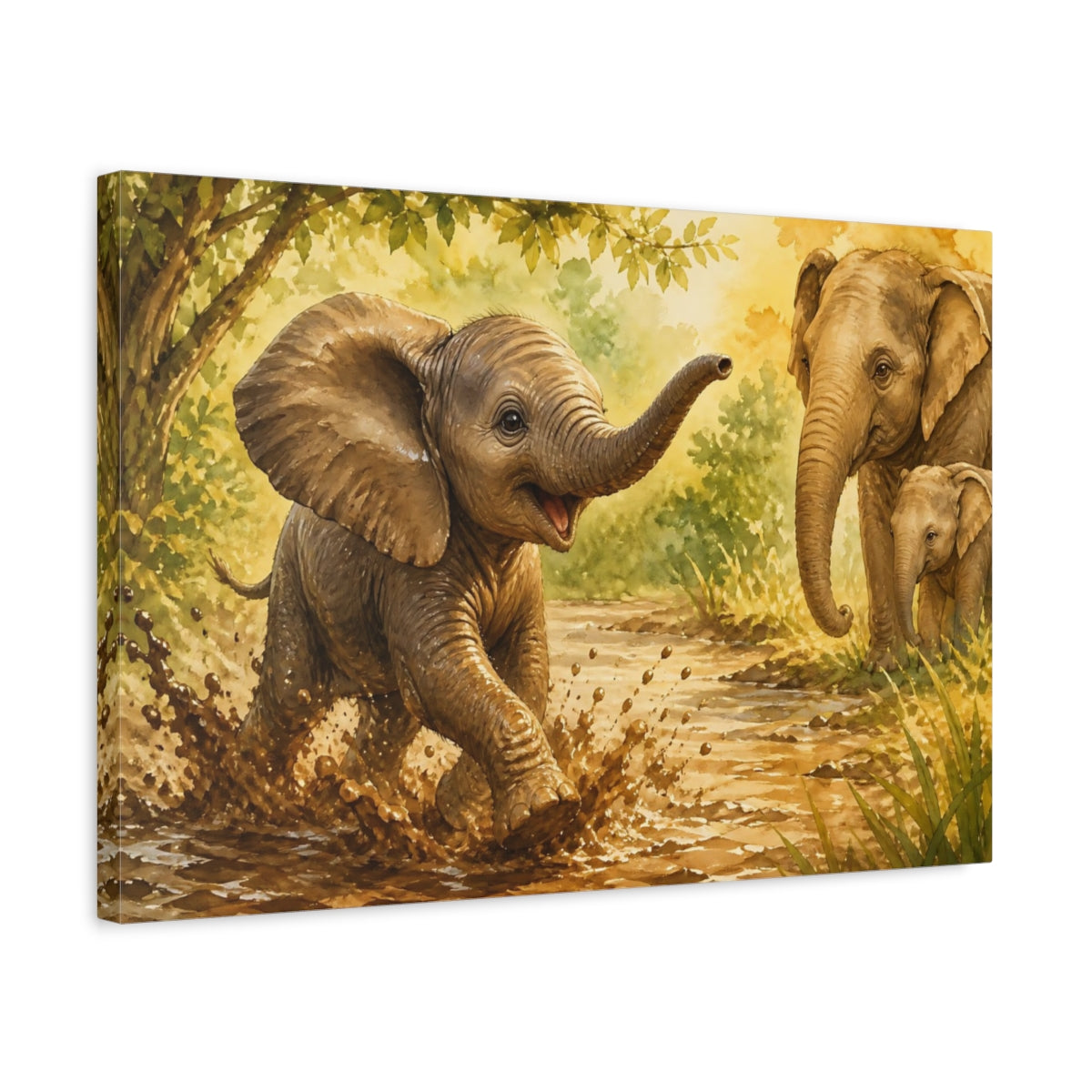 Side Mockup 3. Animals Elephants Brown And Green Elephants shown as stretched canvas wall art