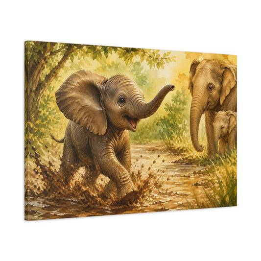Main Mockup. Animals Elephants Brown And Green Elephants shown as stretched canvas wall art