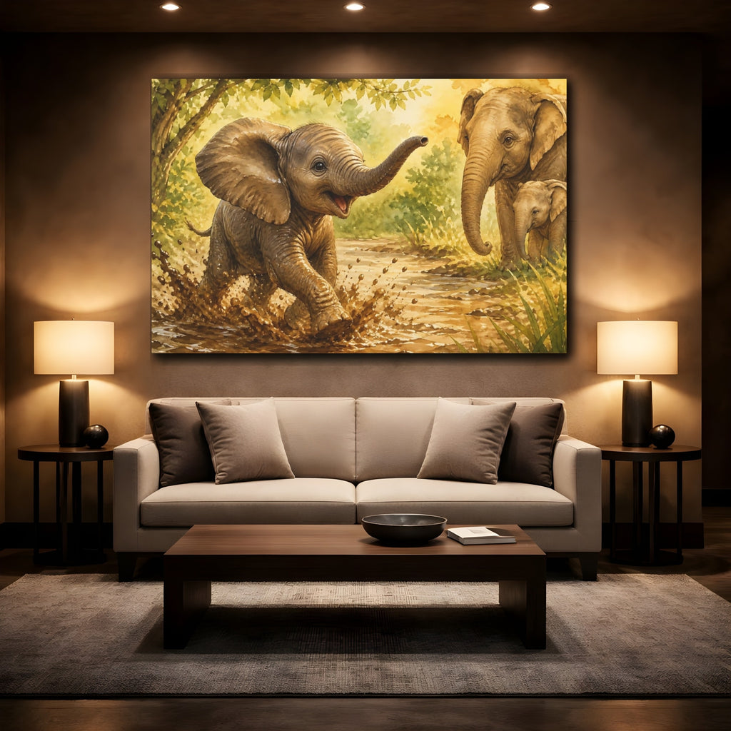 Mockup 2. Animals Elephants Brown And Green Elephants shown as stretched canvas wall art