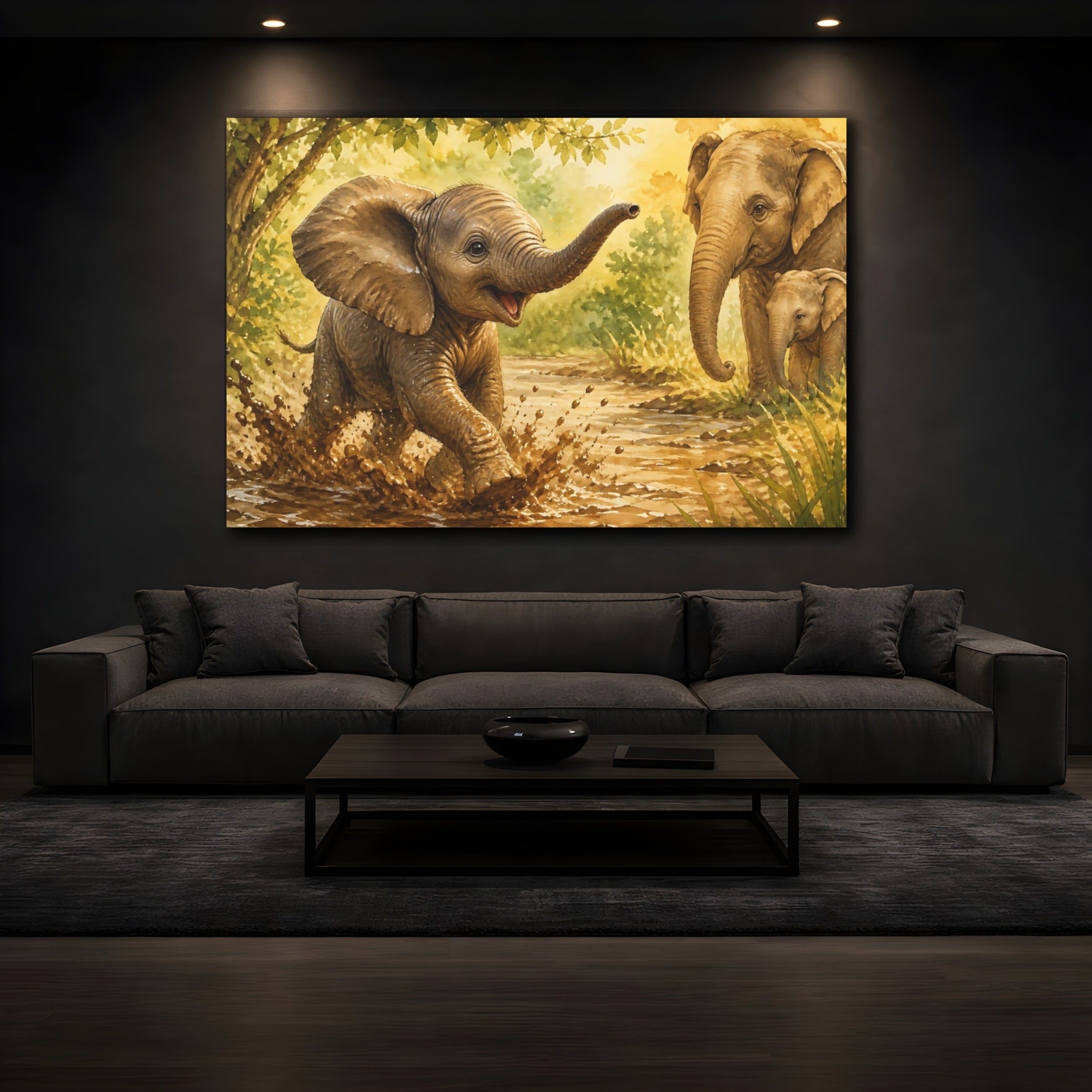 Mockup 3. Animals Elephants Brown And Green Elephants shown as stretched canvas wall art