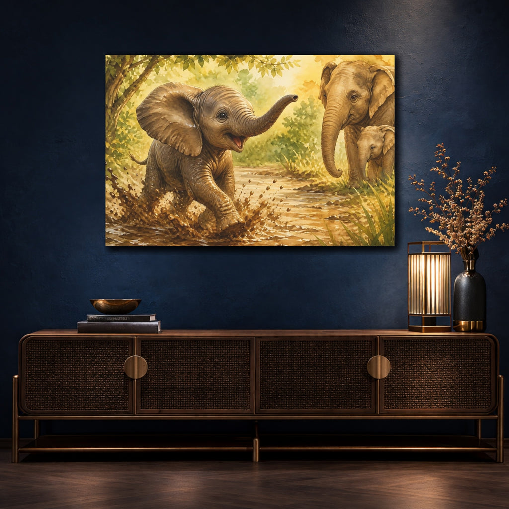 Mockup 4. Animals Elephants Brown And Green Elephants shown as stretched canvas wall art