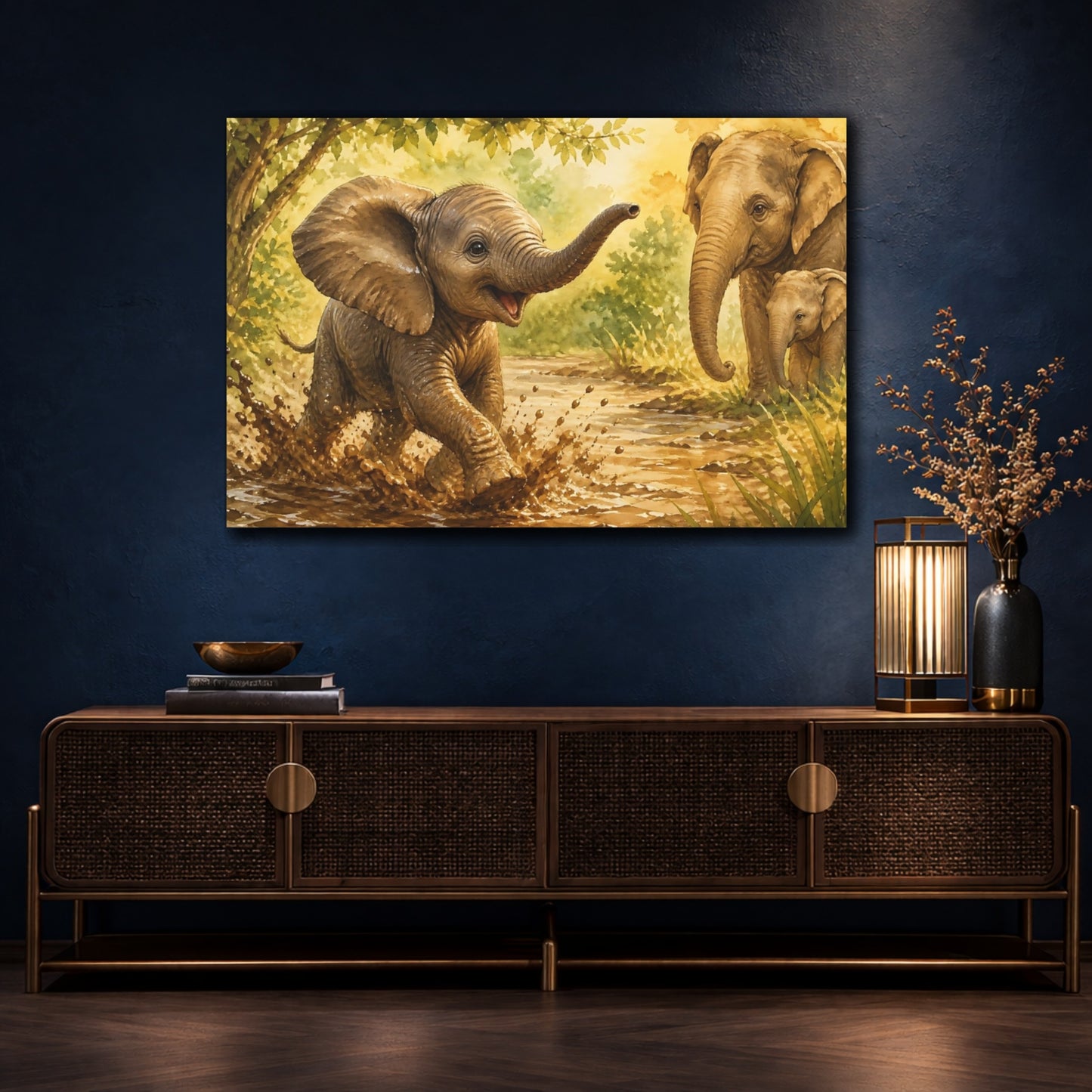 Mockup 4. Animals Elephants Brown And Green Elephants shown as stretched canvas wall art