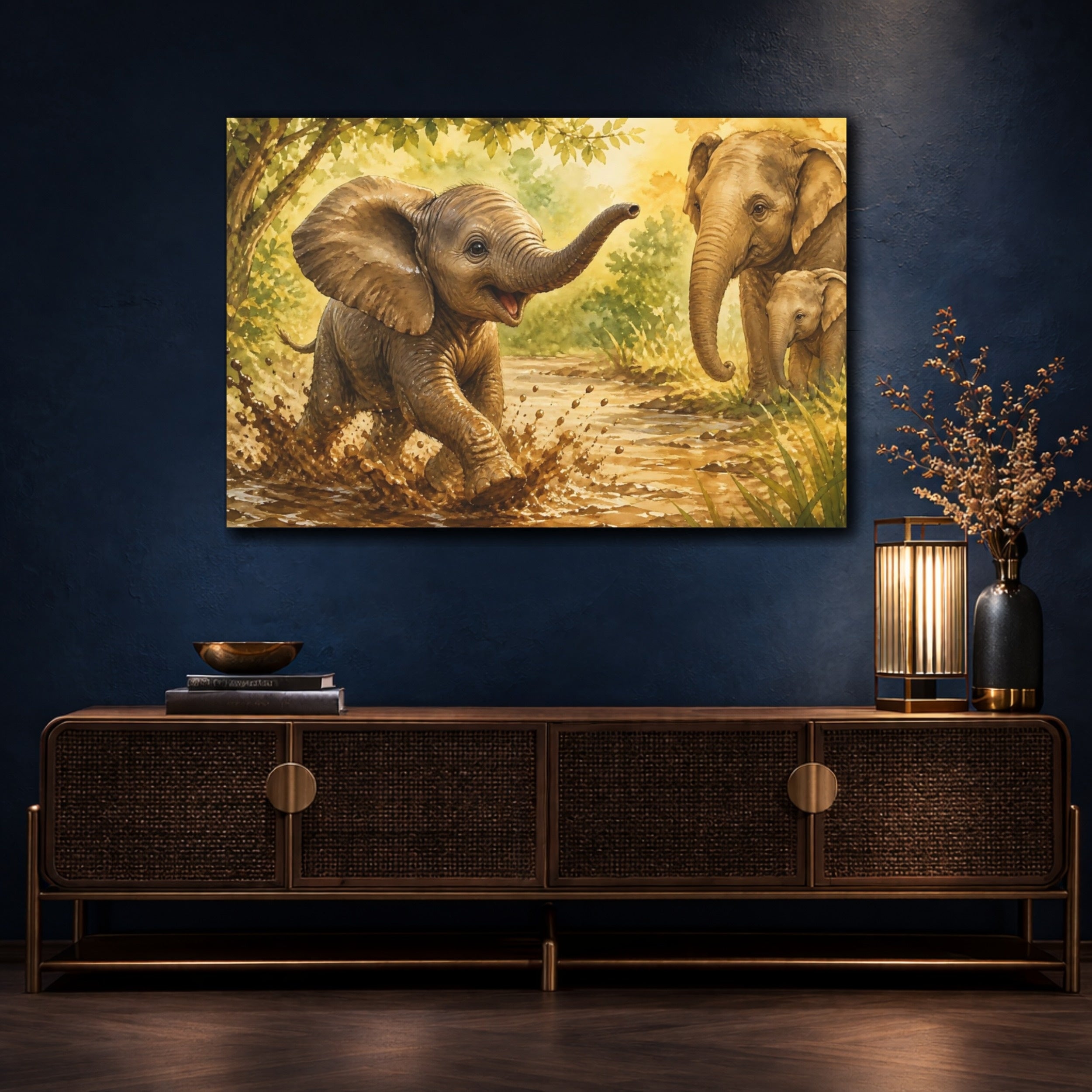 Mockup 4. Animals Elephants Brown And Green Elephants shown as stretched canvas wall art