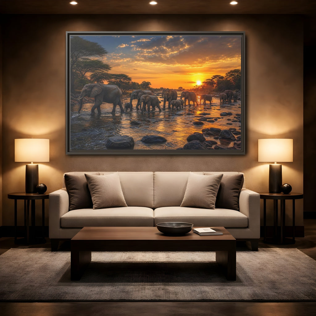 Mockup 2. Animals Elephants Elephants Sunset shown as stretched canvas wall art