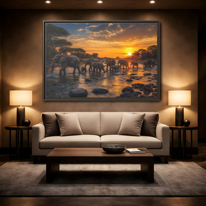 Mockup 2. Animals Elephants Elephants Sunset shown as stretched canvas wall art