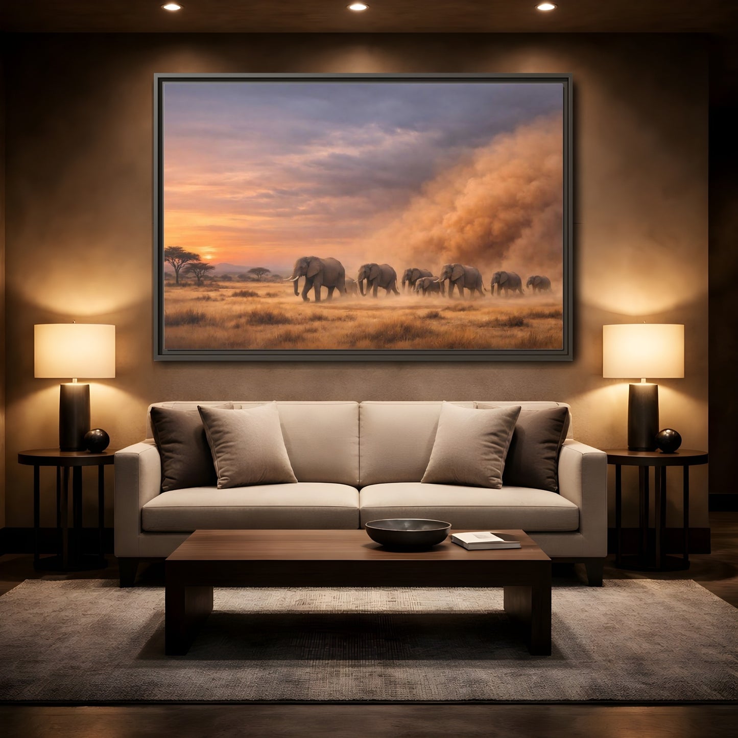 Mockup 2. Animals Elephants Elephants Sunset shown as stretched canvas wall art