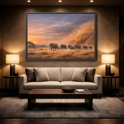 Mockup 2. Animals Elephants Elephants Sunset shown as stretched canvas wall art