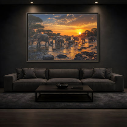 Mockup 3. Animals Elephants Elephants Sunset shown as stretched canvas wall art