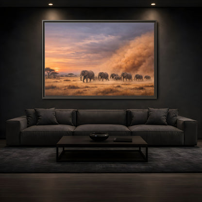 Mockup 3. Animals Elephants Elephants Sunset shown as stretched canvas wall art