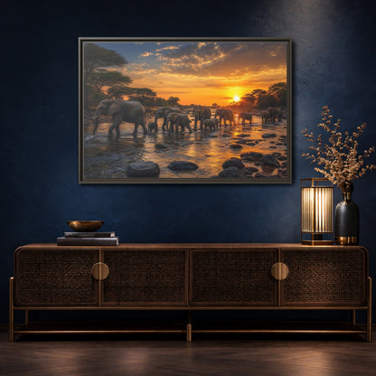 Mockup 4. Animals Elephants Elephants Sunset shown as stretched canvas wall art