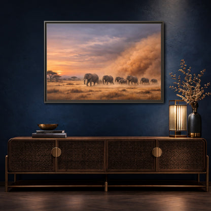 Mockup 4. Animals Elephants Elephants Sunset shown as stretched canvas wall art