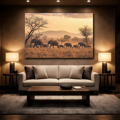 Mockup 2. Animals Elephants Golden Elephants shown as stretched canvas wall art