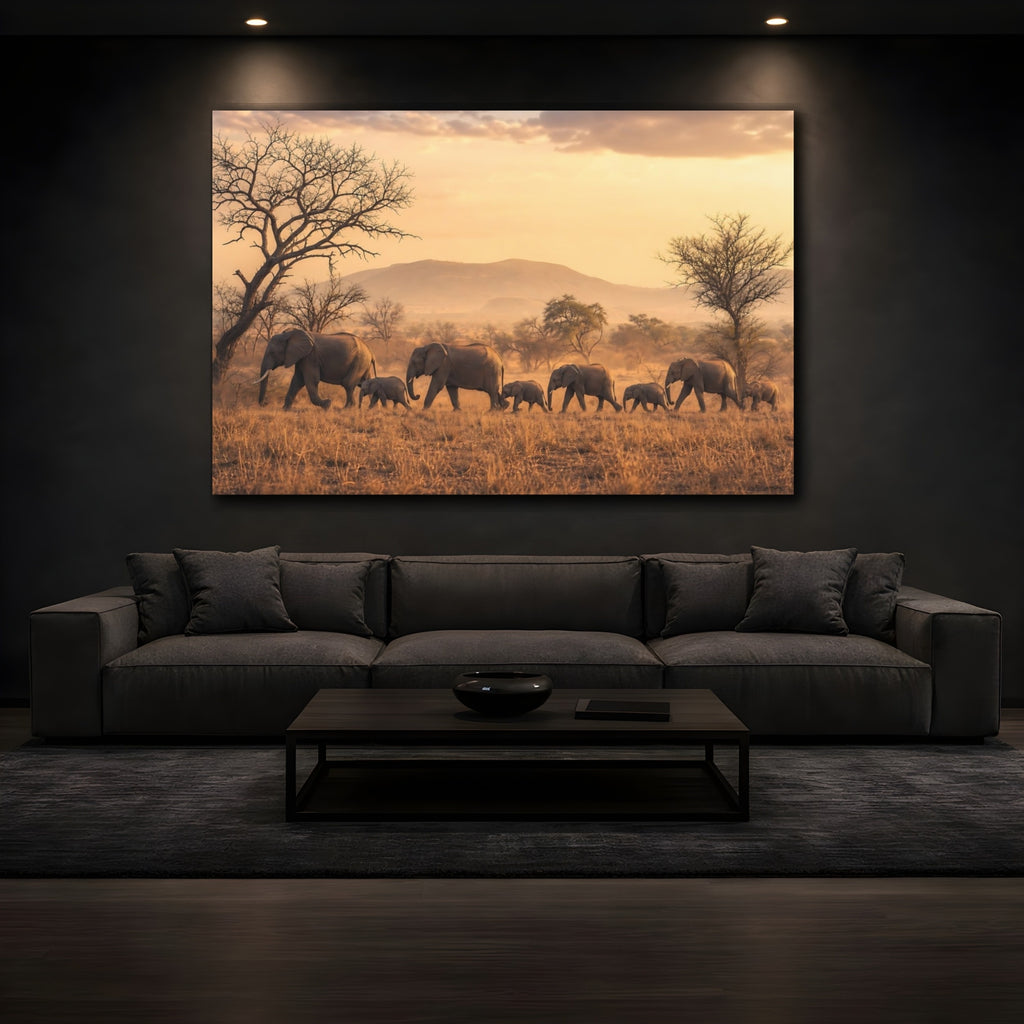 Mockup 3. Animals Elephants Golden Elephants shown as stretched canvas wall art