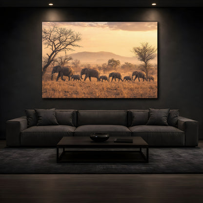 Mockup 3. Animals Elephants Golden Elephants shown as stretched canvas wall art