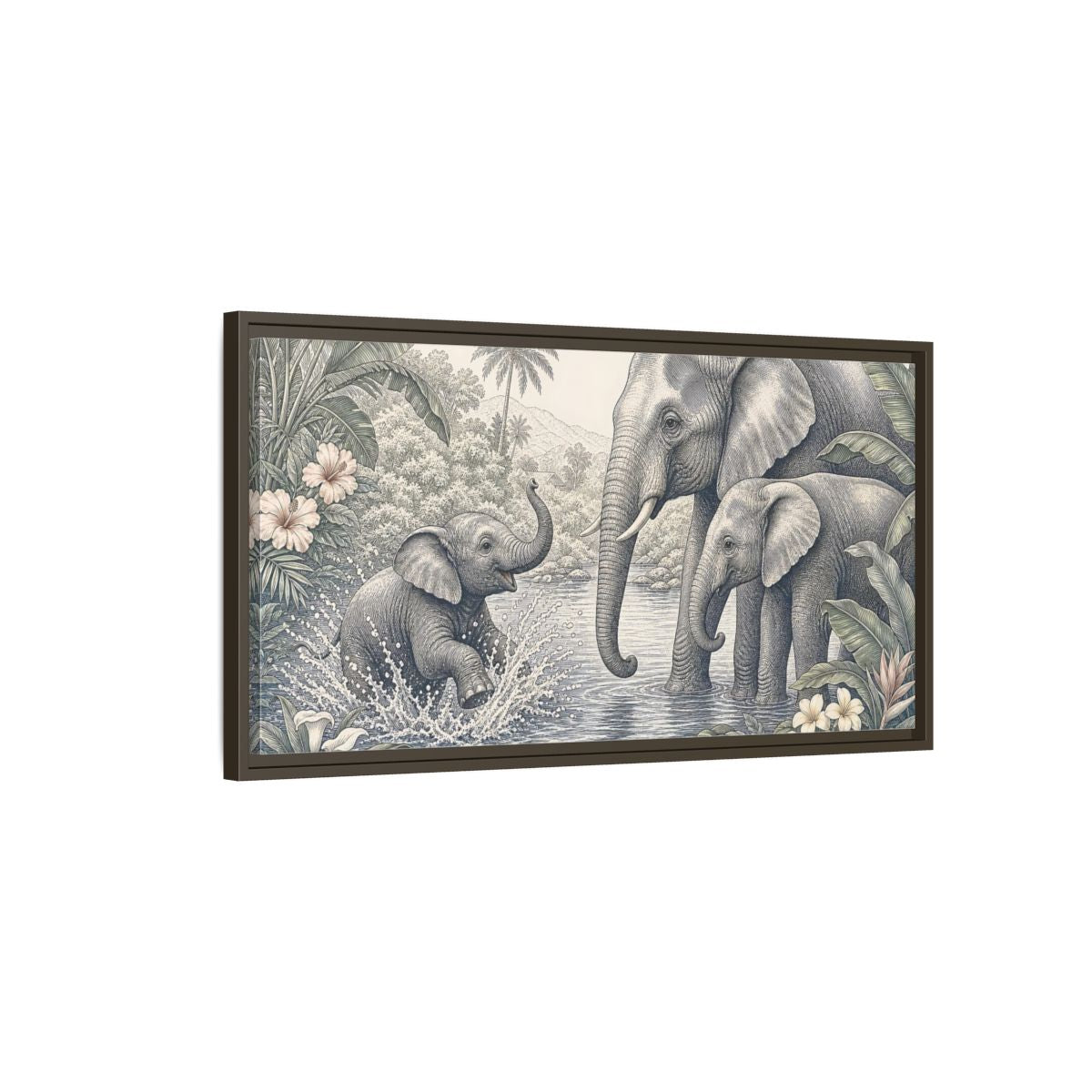 Main Mockup. Animals Elephants Green And Grey shown as stretched canvas wall art
