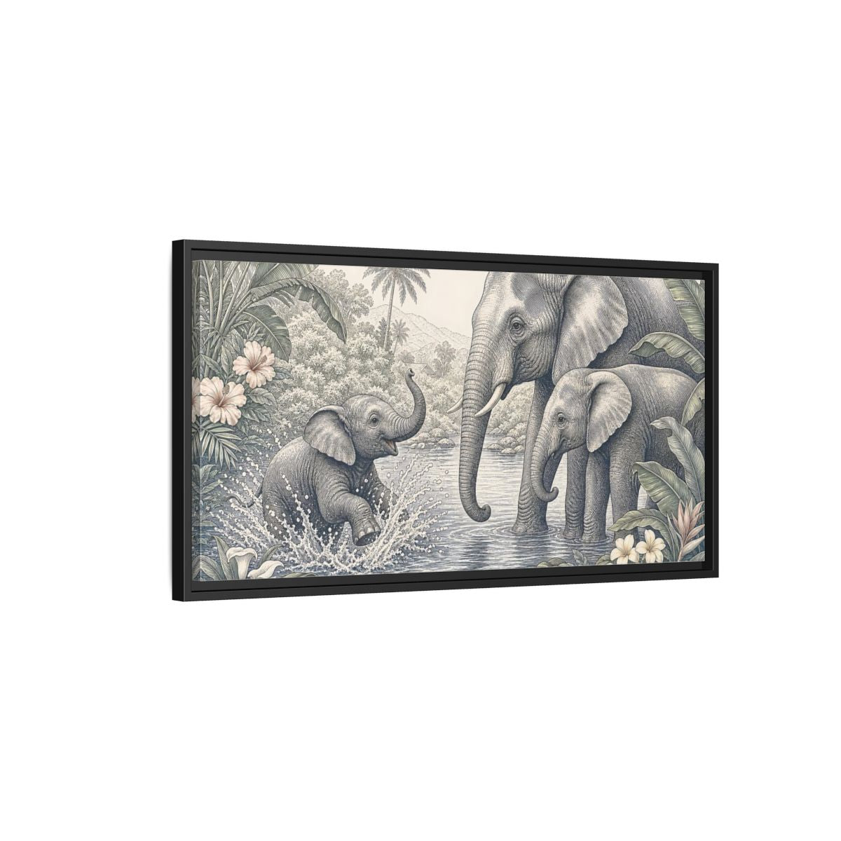 Side Mockup 2. Animals Elephants Green And Grey shown as stretched canvas wall art
