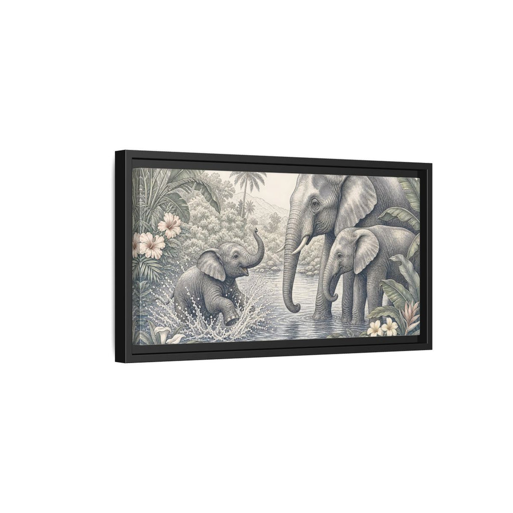 Side Mockup 8. Animals Elephants Green And Grey shown as stretched canvas wall art