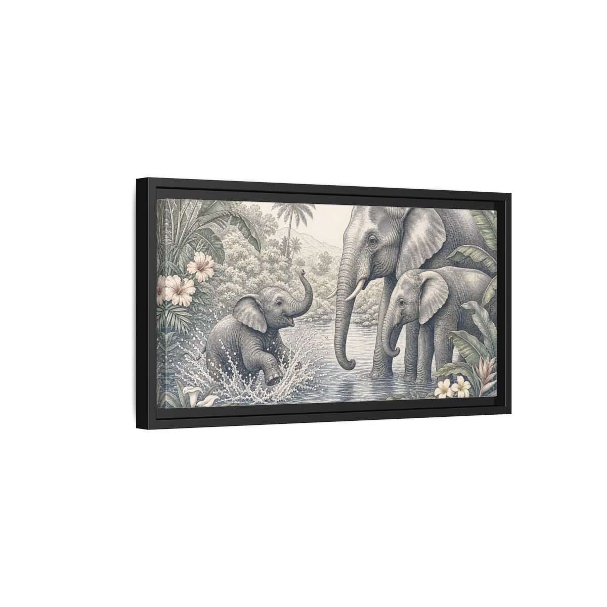 Side Mockup 8. Animals Elephants Green And Grey shown as stretched canvas wall art
