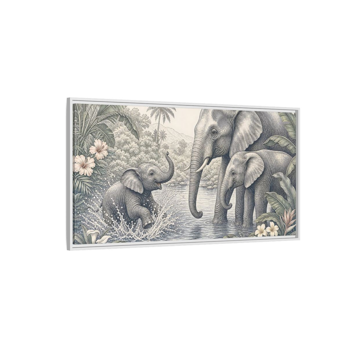 Side Mockup 3. Animals Elephants Green And Grey shown as stretched canvas wall art